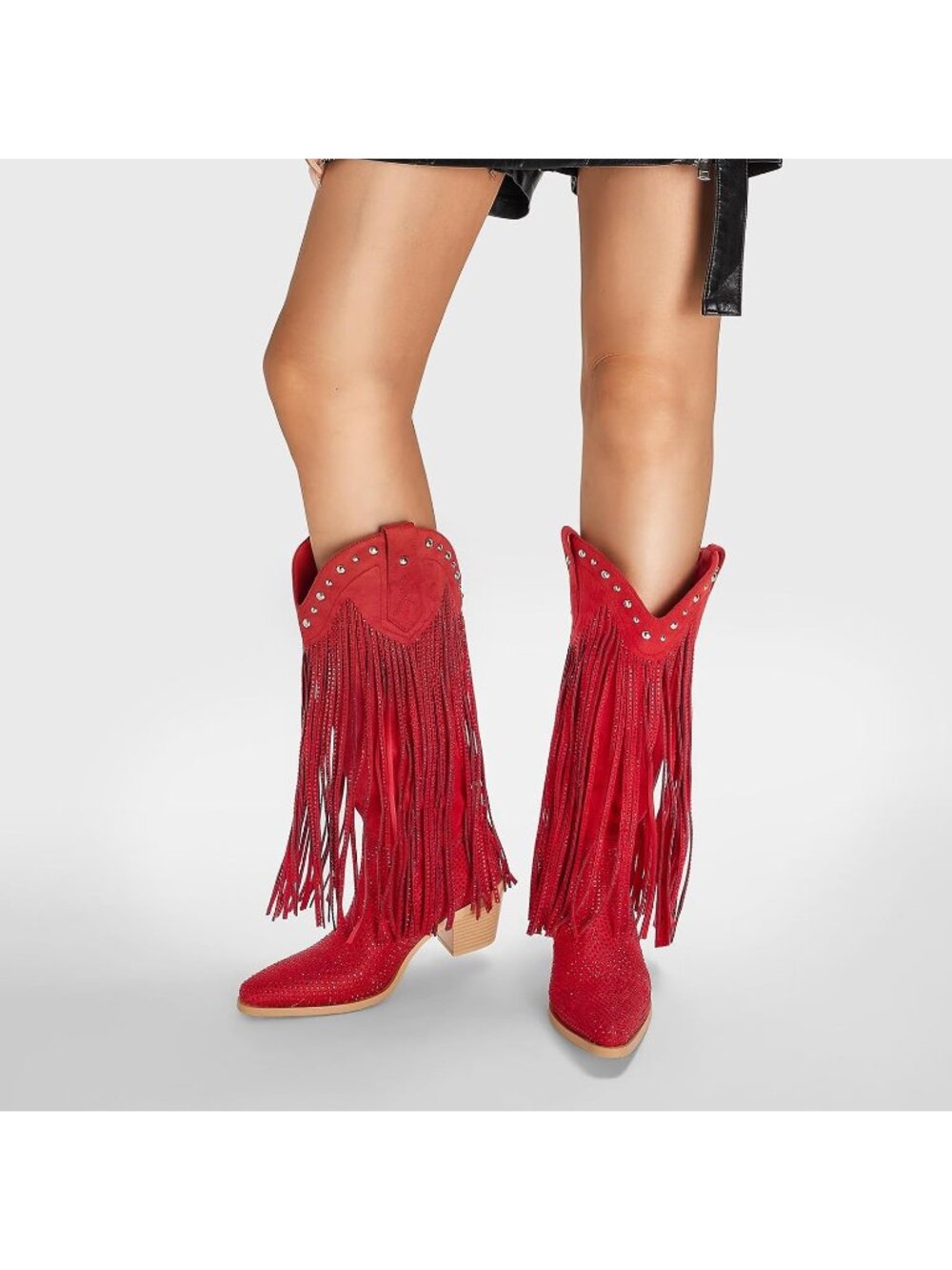 Women's Red Rhinestone Fringe Cowgirl Boots Sparkly Western Pointed Toe Pull On - Picture 6 of 6